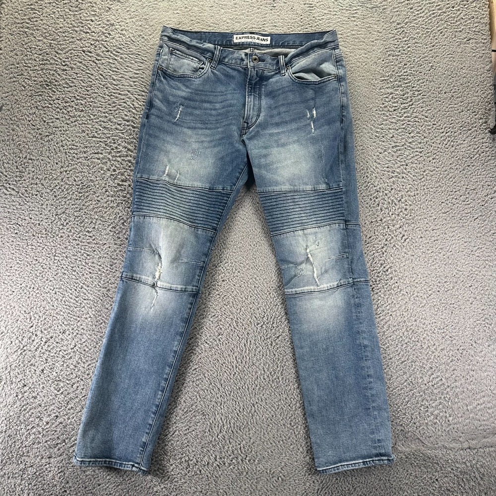 Express Rocco Jeans Mens 34x32 Blue Cotton Denim Skinny Slim Biker Faded Stretch